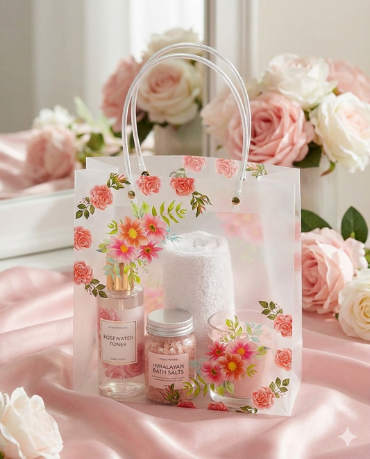 Floral Transparent Gift Bag | Reusable Flower Print Carry Bag- Set of 10