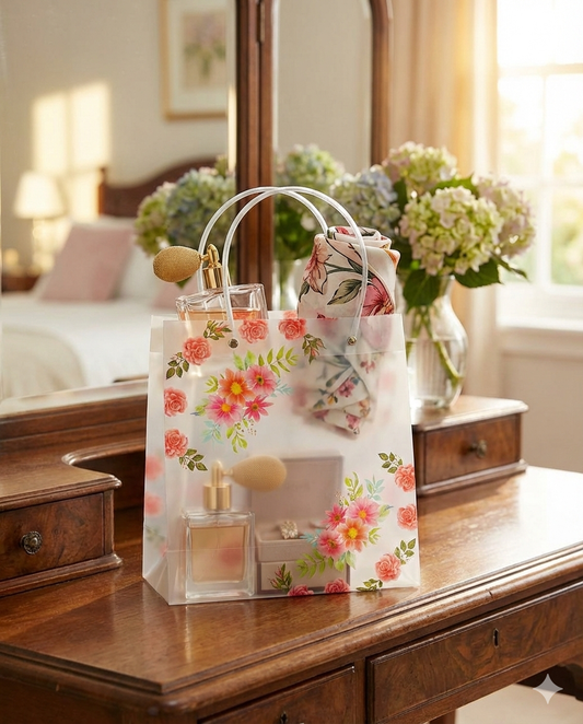 Floral Transparent Gift Bag | Reusable Flower Print Carry Bag- Set of 10