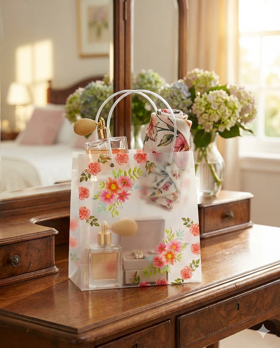 Floral Transparent Gift Bag | Reusable Flower Print Carry Bag- Set of 10