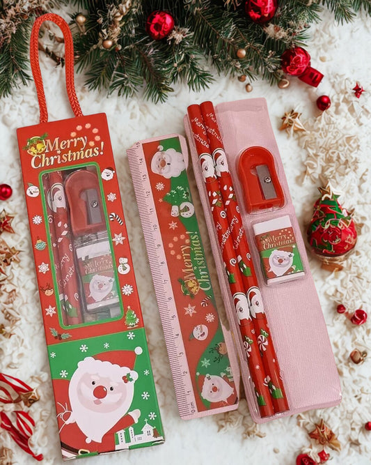 Christmas Stationery Gift Set for Kids – Pencil, Ruler, Eraser & Sharpener (Santa Theme)