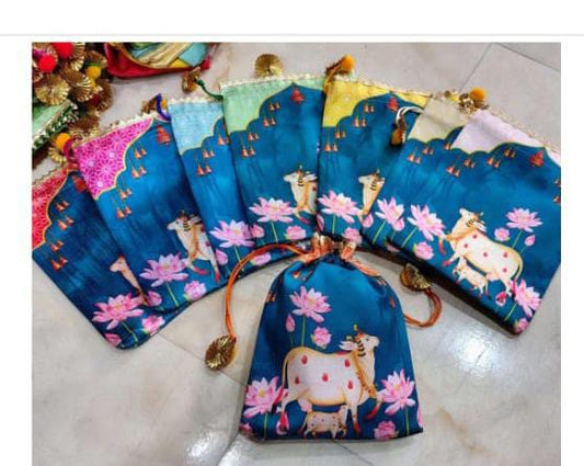 Ethnic Drawstring Potli Pouch 7×9 Inch with Cow & Lotus Motif | Handmade Fabric Gift Bag