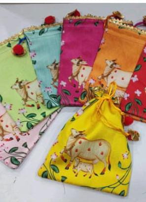 Ethnic Drawstring Potli Pouch 7×9 Inch with Cow Motif | Handmade Fabric Return Gift Bag