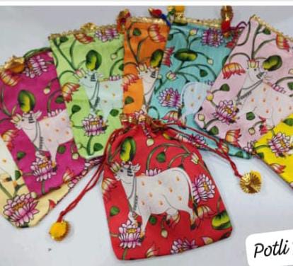 Ethnic Drawstring Potli Pouch 7×9 Inch with Cow & Lotus Print | Handmade Fabric Return Gift Bag