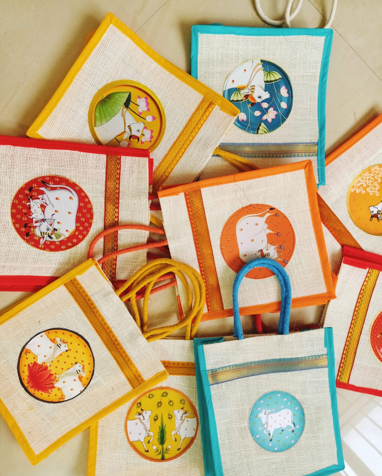 Pichwai Cow Printed Jute Gift Bags – Set of 10 pcs (10x9x4 Inches) | Traditional Eco-Friendly Return Gift Bags