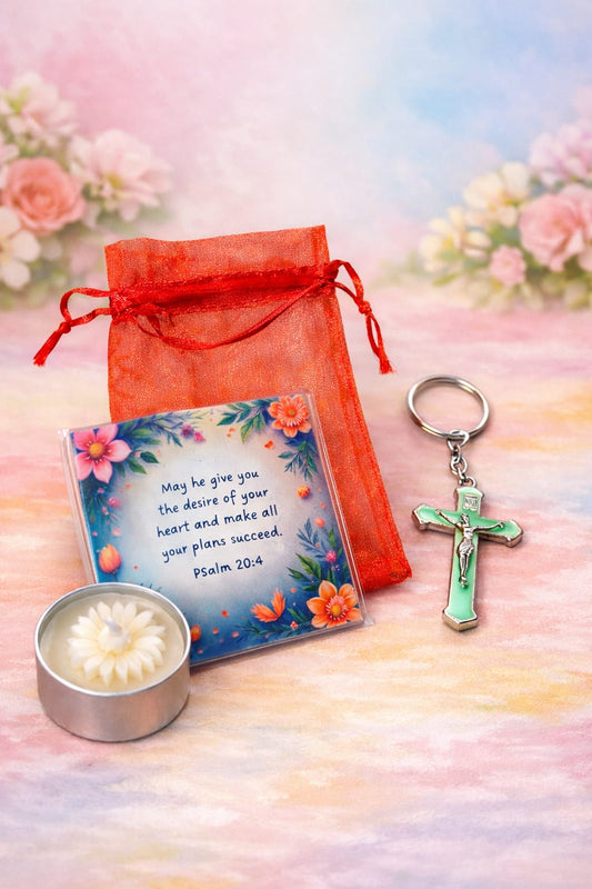 Faith & Blessings Gift Set | Cross Keychain, Candle, Magnet & Gift Box