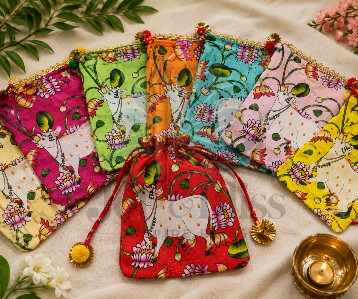 Ethnic Potli Gift Bag 7×9 Inch | Cow & Leaf Motif | Housewarming Return Gift