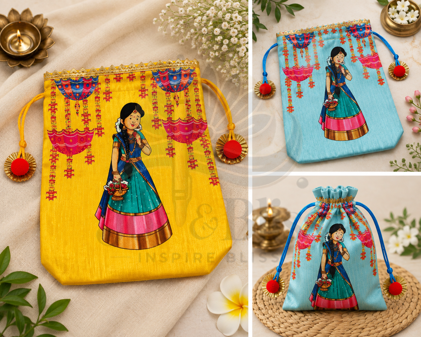Half Saree Function Potli Bags 7×9 Inch | Traditional Return Gift Bags | Pack of 10