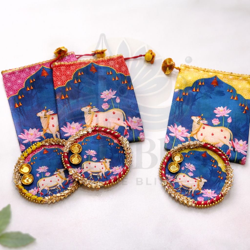Gomata Blessings Combo | Potli Pouch + MDF Kumkum Plate (Set of 5)
