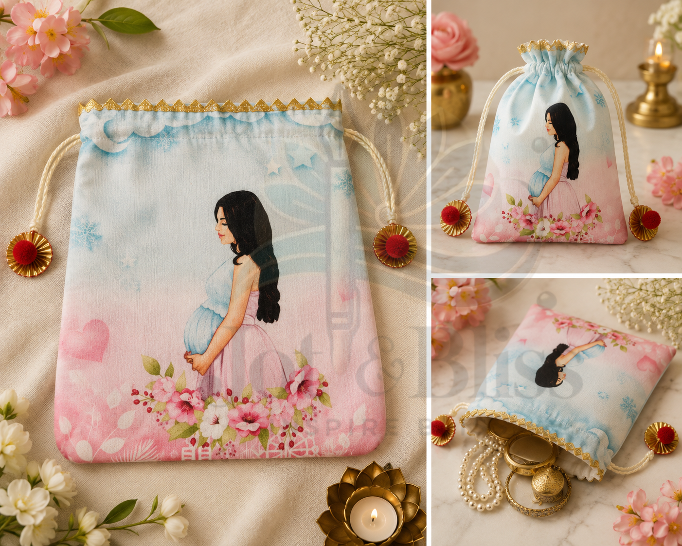 Baby Shower Potli Bags 7×9 Inch | Fabric Drawstring Return Gift Bags | Pack of 10