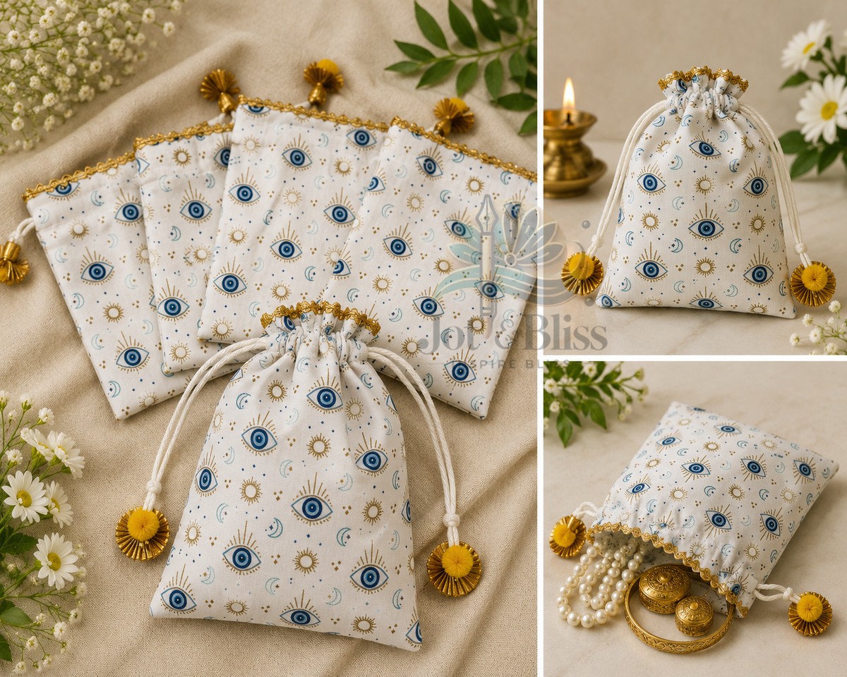Evil Eye Potli Bag 7×9 Inch – Nazar Print Drawstring Return Gift Pouch | Set of 5
