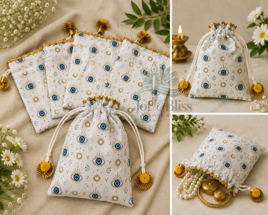 Evil Eye Potli Bag 7×9 Inch – Nazar Print Drawstring Return Gift Pouch | Set of 5