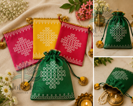 Kolam Print Potli Bags 7×9 Inch – Festival Return Gift & Thamboolam Bags | Set of 5