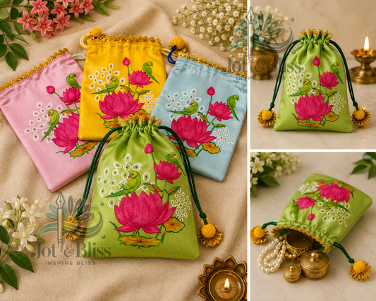 Lotus Parrot Potli Bags 7×9 Inch – Festival Return Gift & Thamboolam Bags | Set of 5