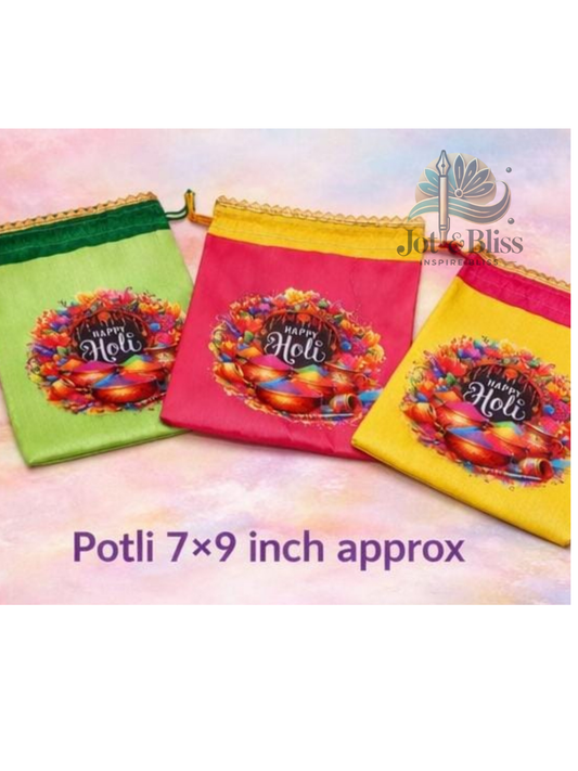 Holi Festival Potli Bags 7×9 Inch | Colorful Return Gift Pouches | Set of 5