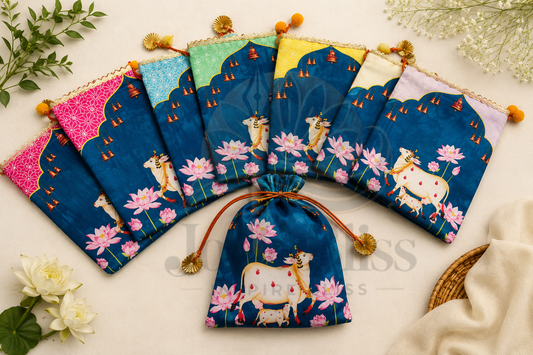 Ethnic Potli Gift Bag 7×9 Inch | Cow & Lotus Motif | Housewarming Return Gift