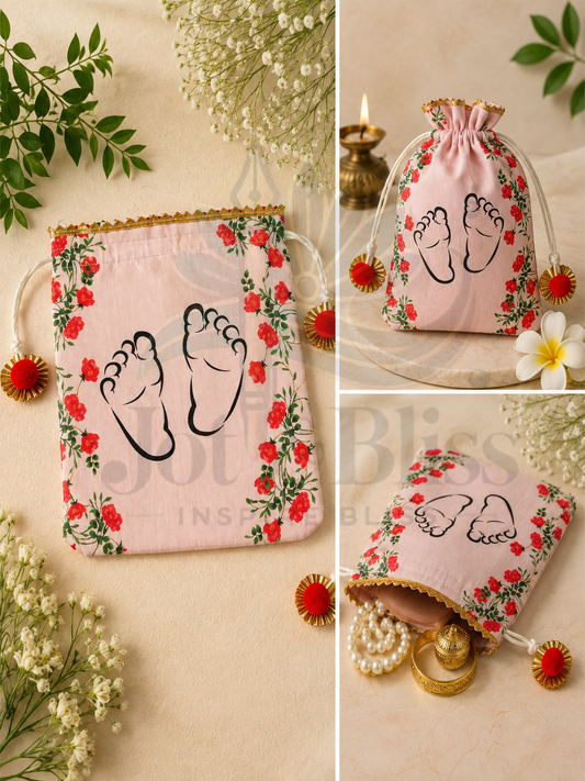 Baby Feet Printed Potli Bags 7×9 Inch | Baby Shower & Naming Ceremony Return Gift Bags | Pack of 10