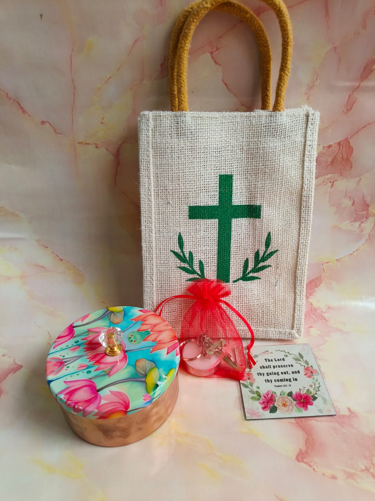 Spiritual Blessings Gift Combo | Cross Print Bag, Candle, Keychain & More