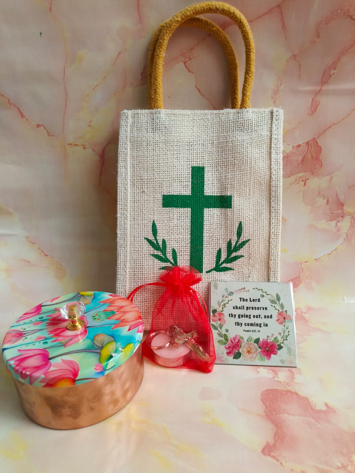 Spiritual Blessings Gift Combo | Cross Print Bag, Candle, Keychain & More