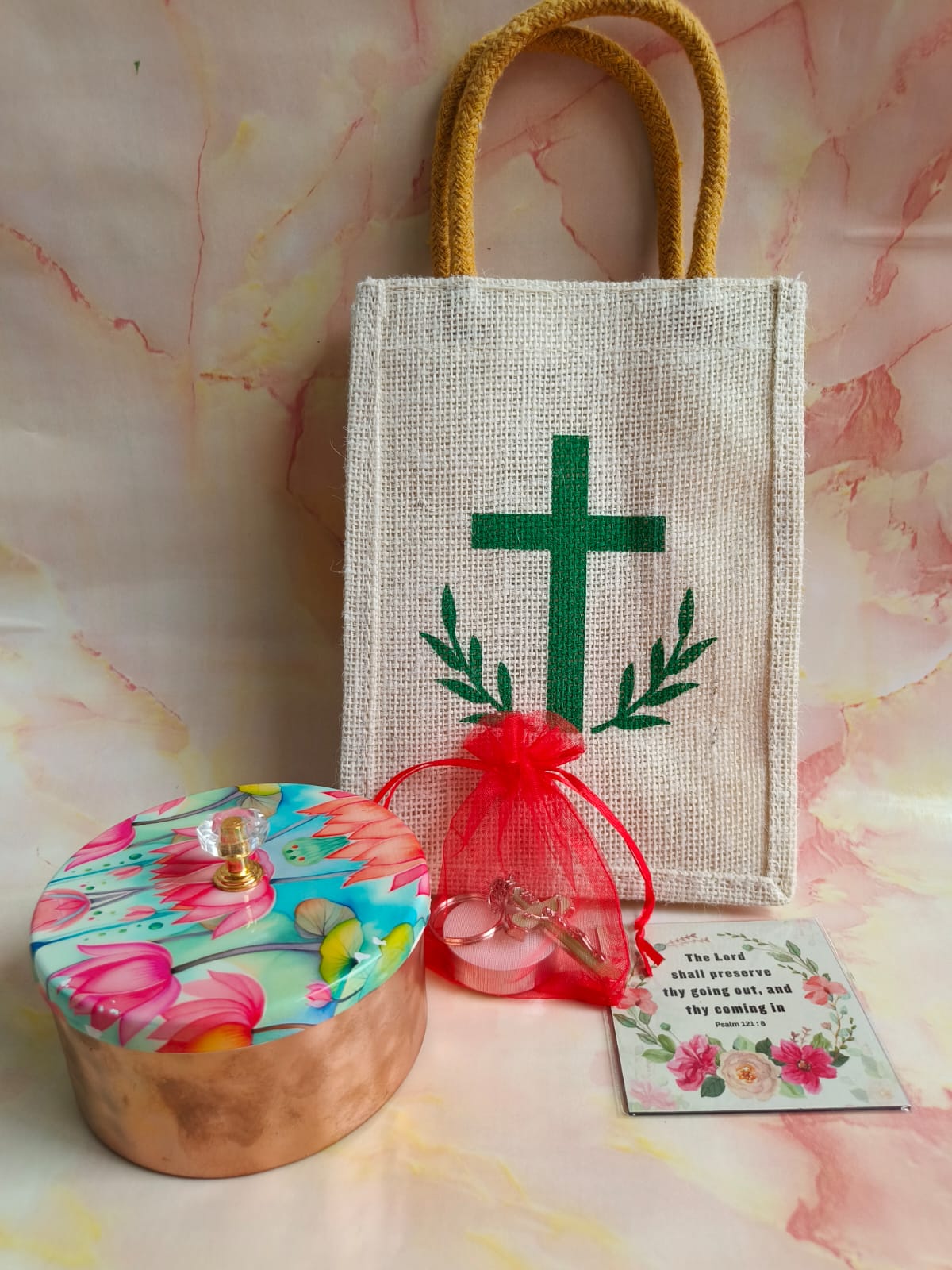 Spiritual Blessings Gift Combo | Cross Print Bag, Candle, Keychain & More