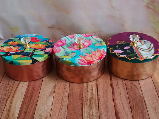 Decorative Metal Gift Box with Printed Lid & Crystal Knob – Multipurpose Storage (Assorted Designs)