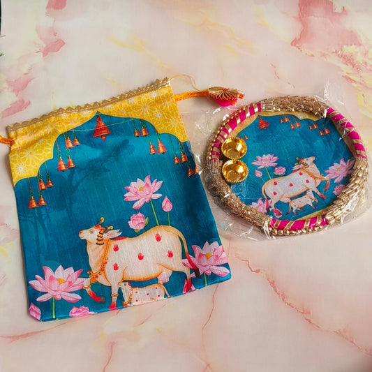 Gomata Blessings Combo – Potli Pouch + MDF Kumkum Plate (Festival Return Gift)