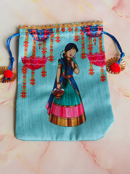 Festival Potli – Dancing Girl (Umbrella Blue) – Drawstring