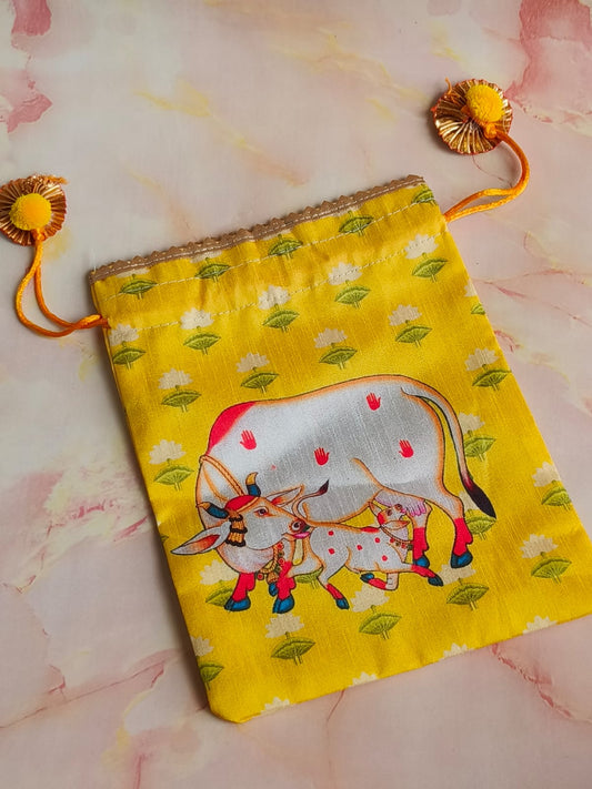 Gomata Blessings Potli Bag – Cow & Calf Yellow Drawstring | Jot & Bliss™