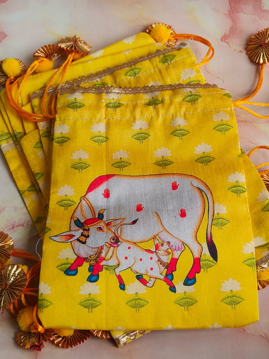 Gomata Blessings Potli Bag – Cow & Calf Yellow Drawstring | Jot & Bliss™