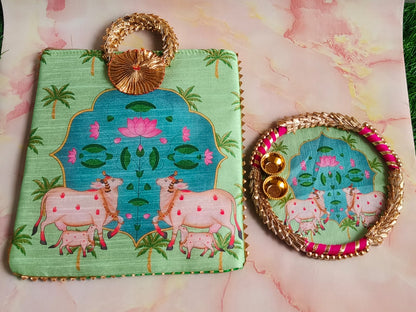 Gomata Temple Combo – Zipper Gift Bag + MDF Kumkum Plate (Matching Print)