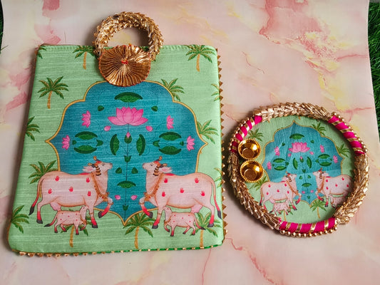 Gomata Temple Combo – Zipper Gift Bag + MDF Kumkum Plate (Matching Print)