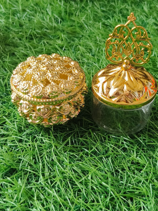 Set of 2 Golden Decorative Goodie Boxes – Fibre Material (Assorted Shapes)