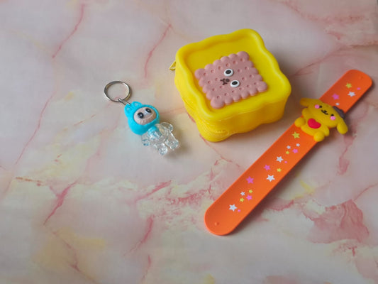 🎁 Kids Fun Combo – Biscuit Pouch + LED Keychain + Cartoon Slap Band
