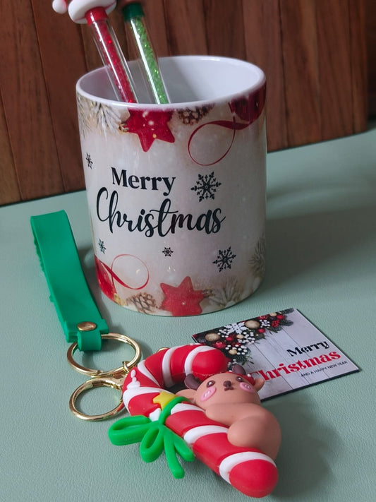 Christmas Gift Set | Merry Christmas Mug with Keychain & Fridge Magnet