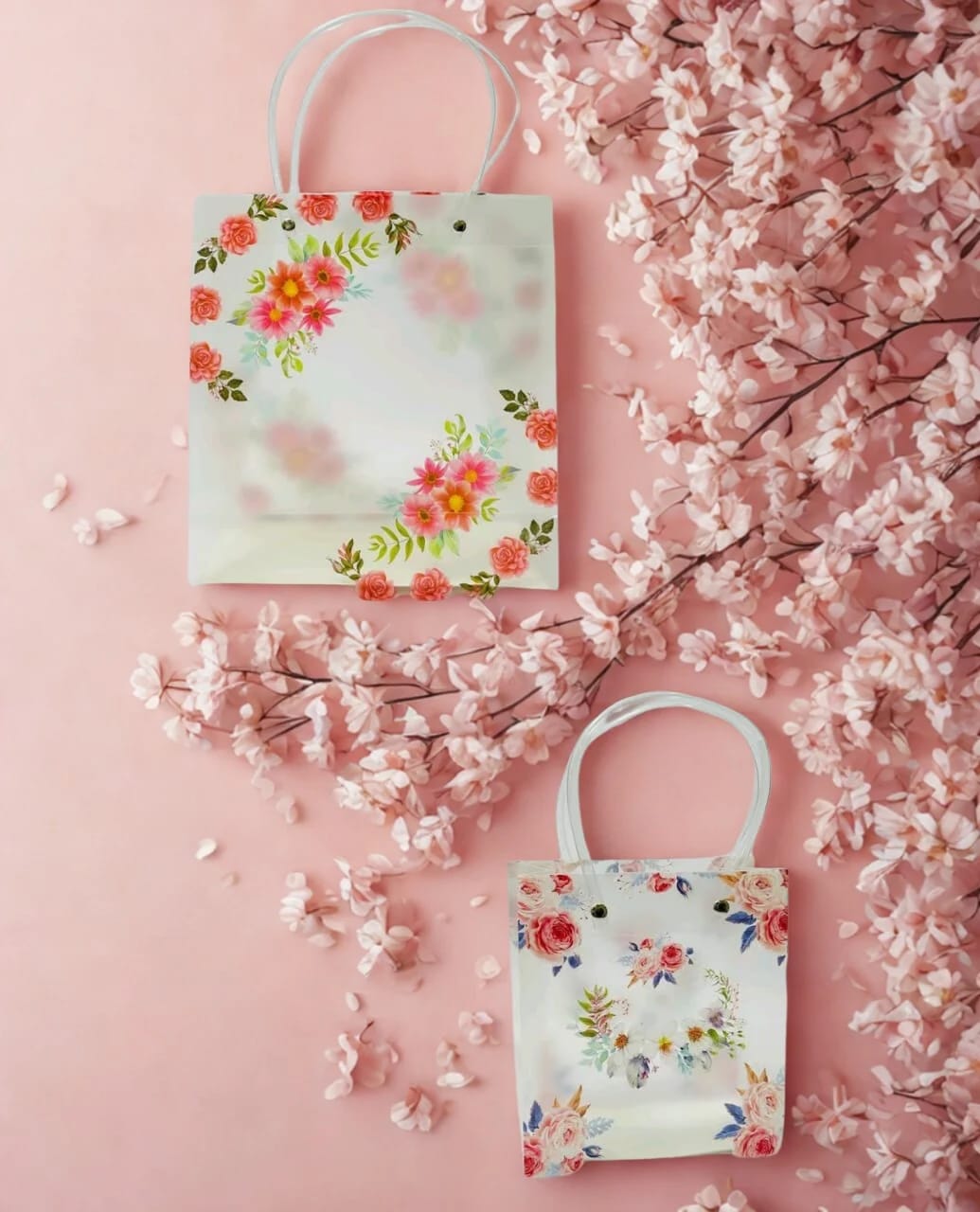 Floral Transparent Gift Bag | Reusable Flower Print Carry Bag- Set of 10