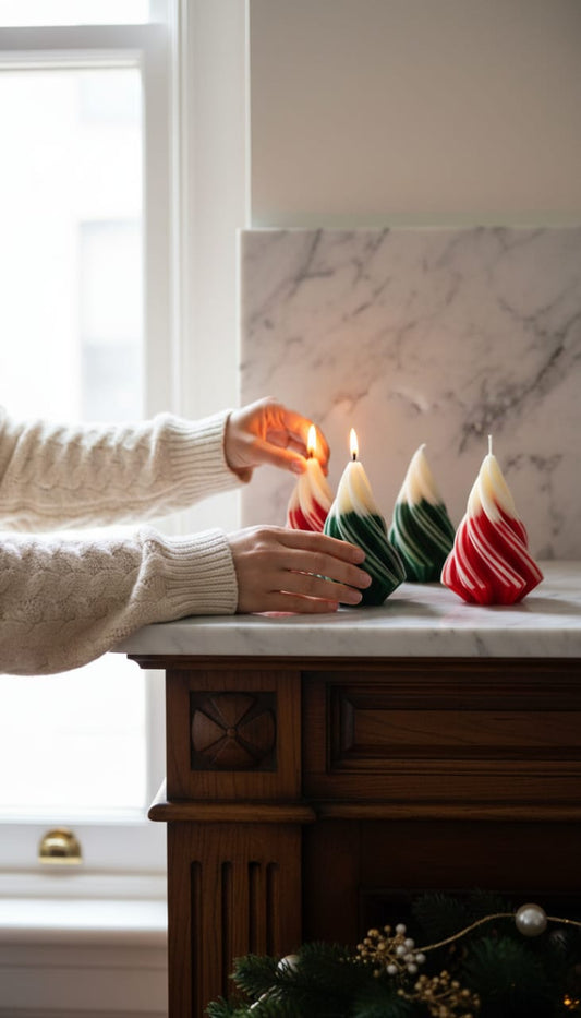 Christmas Tree Candle – RED & GREEN – Swirl Design – Set of 2 | Festive Home Décor | Jot & Bliss