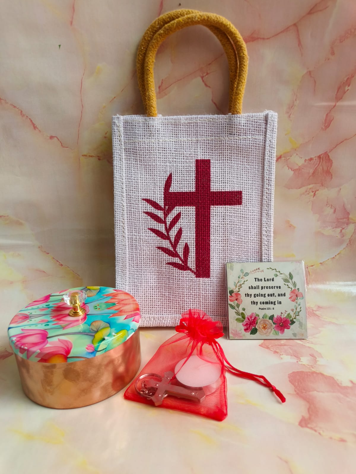 Spiritual Blessings Gift Combo | Cross Print Bag, Candle, Keychain & More