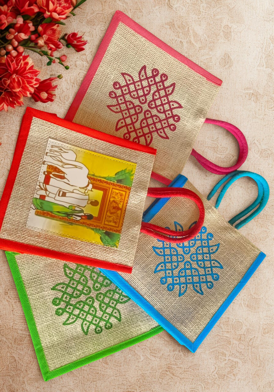 Jute Housewarming Return Gift Bags (Set of 10) – Muggu Print | 8x8x4 Inches | Eco-Friendly Gift Bags