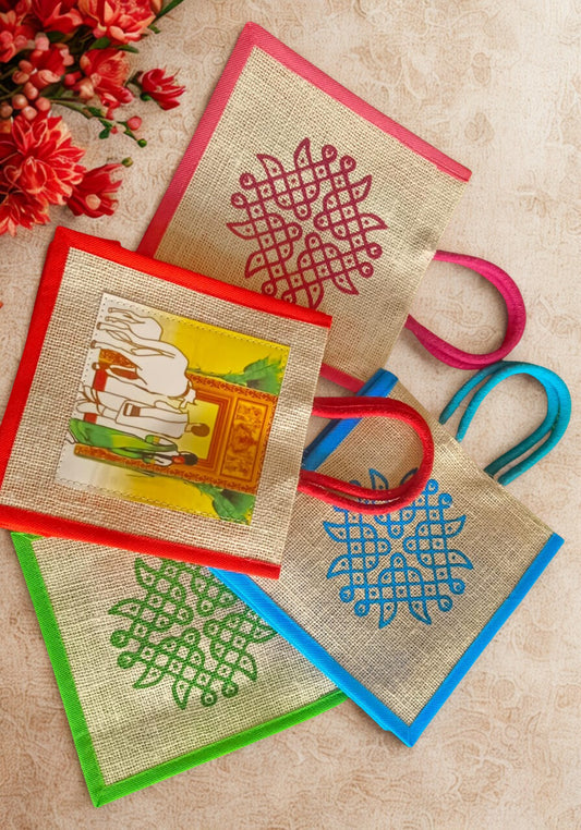 Jute Housewarming Return Gift Bags (Set of 10) – Muggu Print | 8x8x4 Inches | Eco-Friendly Gift Bags
