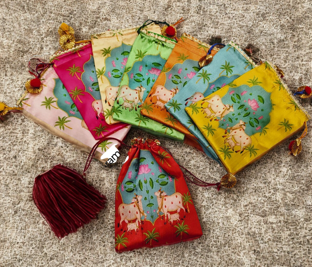 Ethnic Drawstring Potli Pouch 7×9 Inch with Cow & Lotus Motif | Handmade Fabric Gift Bag