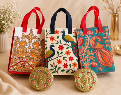 Peacock Print Felt Gift Bag with Meenakari Stainless Steel Tiffin Box Combo | Return Gift Hamper | Ready Stock