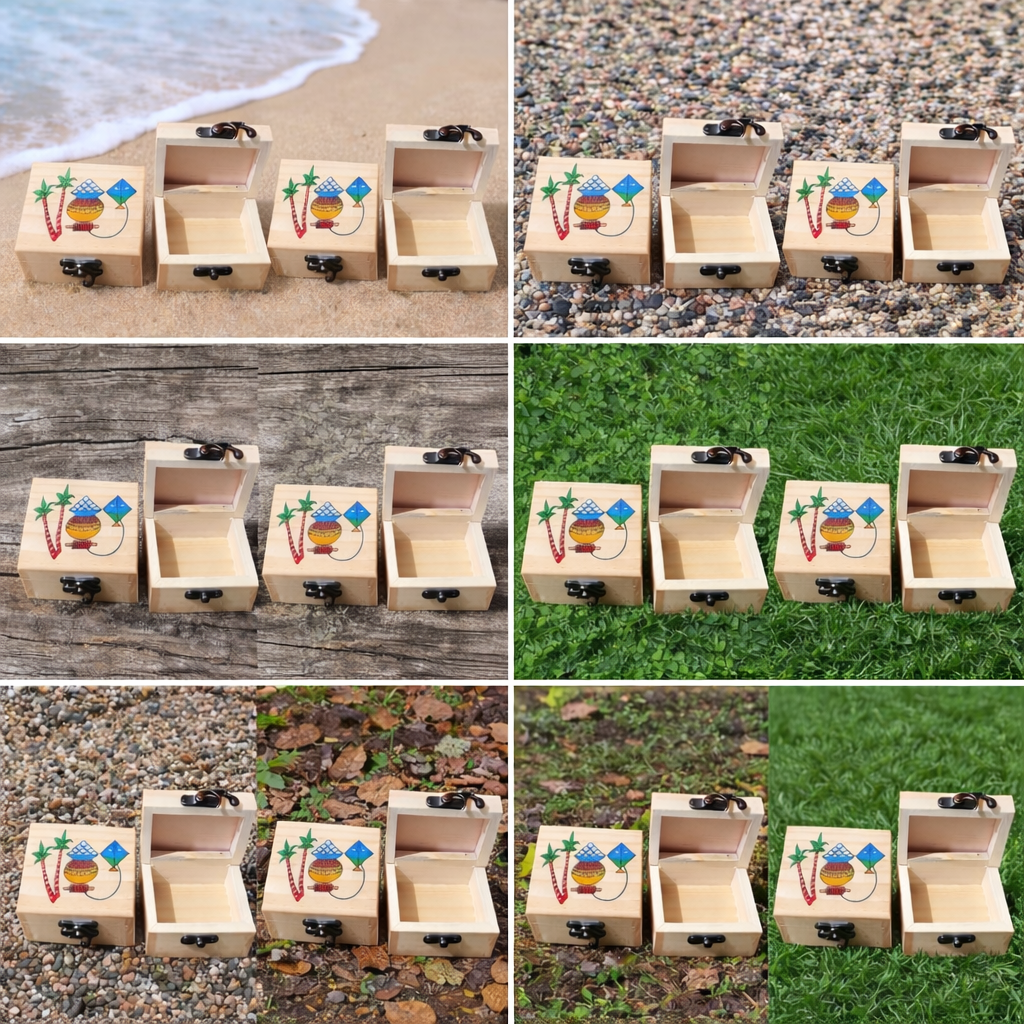 Handcrafted Wooden Utility Box – Festive Palm Tree & Pongal Pot Design | Return Gift & Storage Box