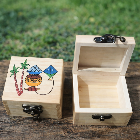 Handcrafted Wooden Utility Box – Festive Palm Tree & Pongal Pot Design | Return Gift & Storage Box