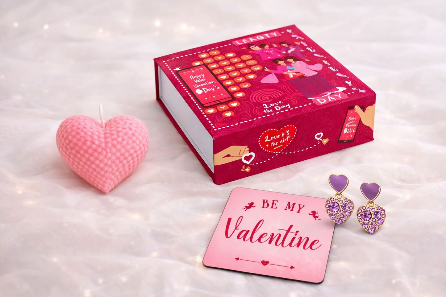 Valentine Gift Combo Set – Heart Candle + Gift Box + Fridge Magnet + Earrings | Romantic Gift for Her