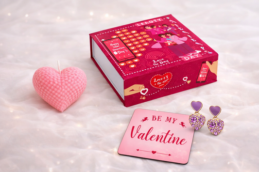 Valentine Gift Combo Set – Heart Candle + Gift Box + Fridge Magnet + Earrings | Romantic Gift for Her