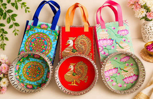 Premium Felt Gift Bag with Matching White Metal Printed Tray Combo | Return Gift | Festive Hamper | Navaratri Gift Set- Set of 10