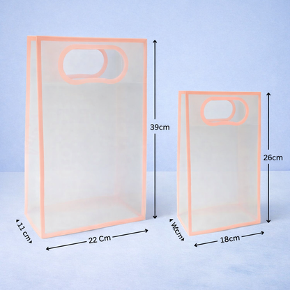 Transparent Frosted PVC Packaging peach colour Bag with Handle – Set of 5 (2 Size Options)