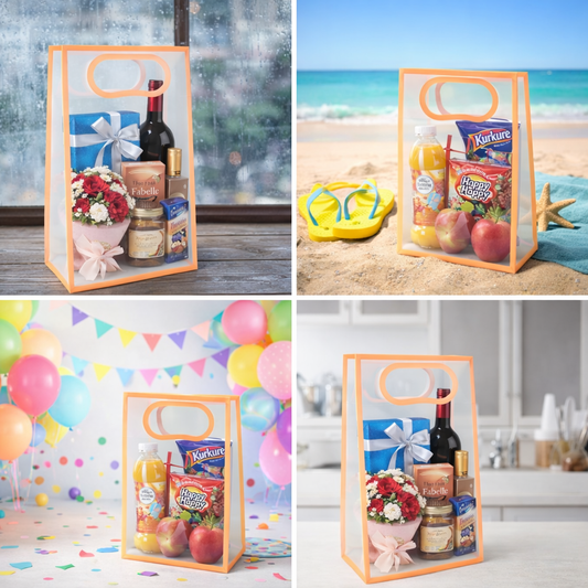 Transparent Frosted PVC Packaging peach colour Bag with Handle – Set of 5 (2 Size Options)