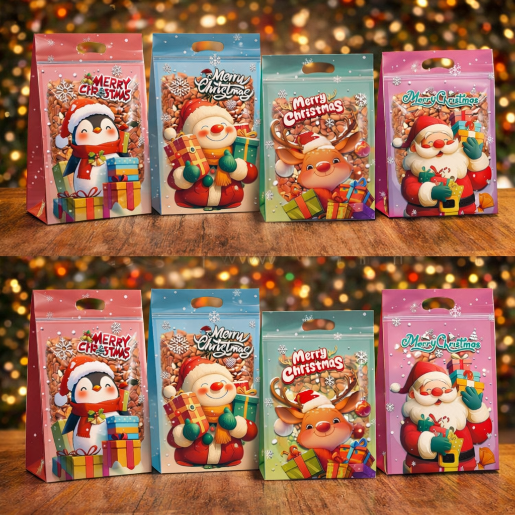 🎄 Transparent Zipper Lock Pouch – Christmas Theme Printed (Assorted Designs)- Set of 10