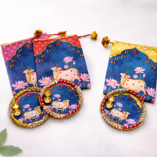 Gomata Blessings Combo | Potli Pouch + MDF Kumkum Plate (Set of 5)