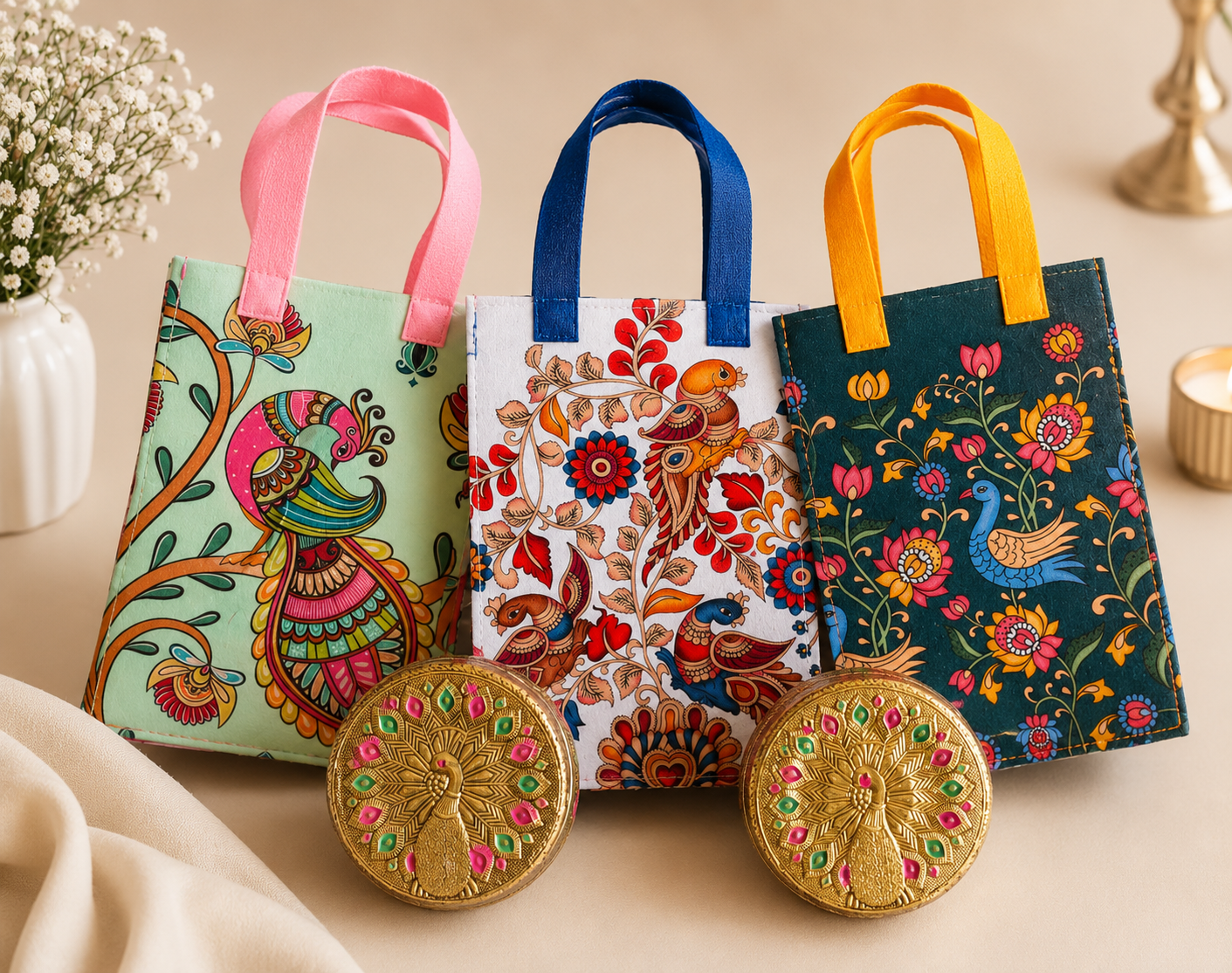 Peacock Print Felt Gift Bag with Meenakari Stainless Steel Tiffin Box Combo | Return Gift Hamper | Ready Stock